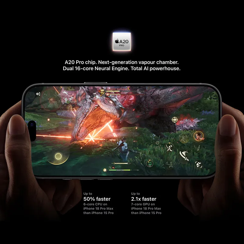 A20 Pro chip. Next‑generation vapour chamber. Dual 16‑core Neural Engine. Total AI powerhouse.