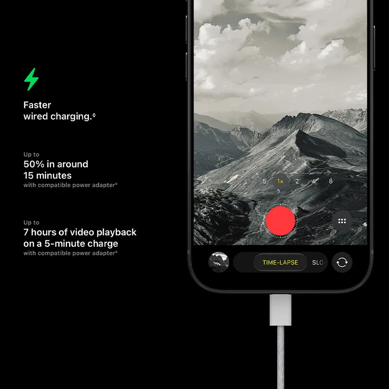 Faster wired charging | Up to 50% in around 15 minutes with compatible power adapter | Up to 7 hours of video playback on a 5‑minute charge with compatible power adapter.